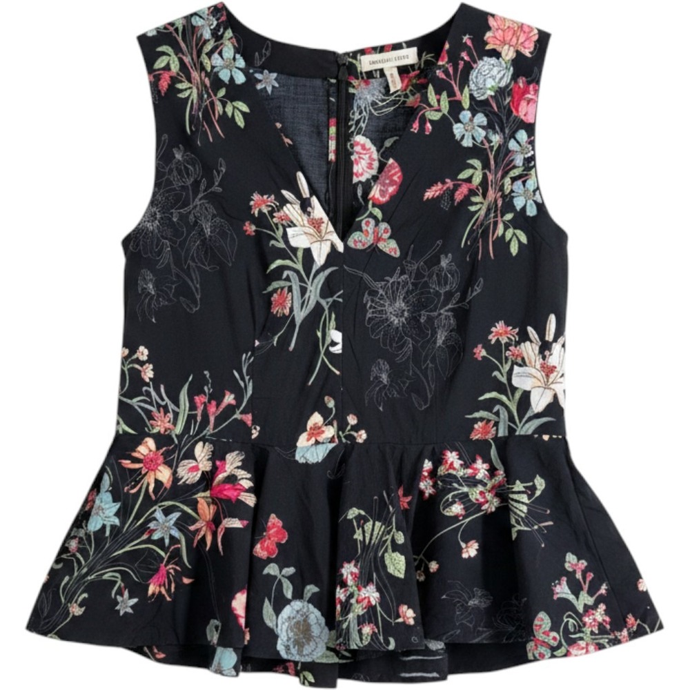 Rebecca Taylor Marguerite Floral Peplum Blouse 2 Black Coquette Cottagecore EUC